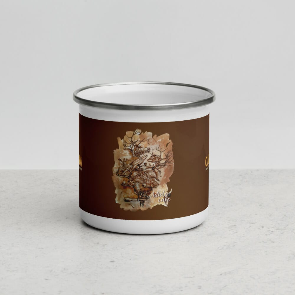 Taza esmaltada de 12onz sublimada de serie cafeína con diseño "adicto al café" - Jorge A. Merino - Amejoartes - El Salvador