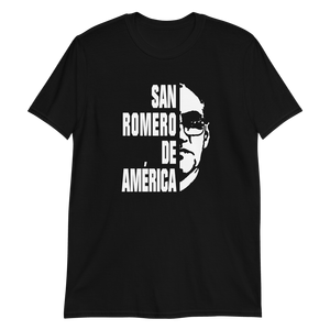 Parte delantera de Camiseta negra manga corta unisex con diseño y frase de San Romero de América - Amejoartes - Jorge A. Merino - El Salvador